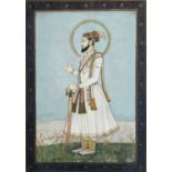 An Indian portrait watercolour of the Emperor Aurangzeb, circa 1900-1920, with left hand placed upon