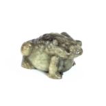 A Chinese jade model of a toad, height 4cm, width 4cm, depth 6.5cm.Generally good condition. The