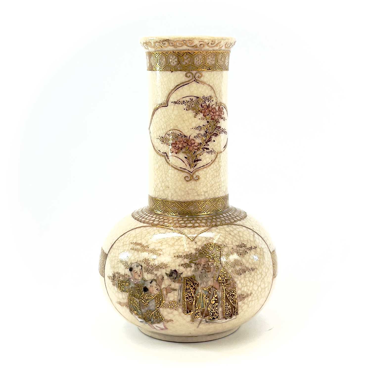 A pair of Japanese Satsuma crackle-glazed vases, 19th century, the shaped panels enclosing gilt - Image 7 of 8