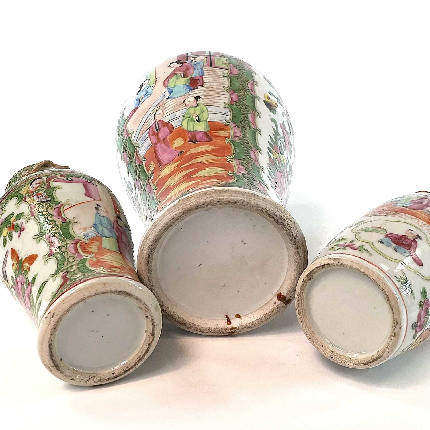 Three Chinese Canton porcelain vases, 19th century, heights 32cm, 21cm and 19.5cm. (3)The large vase - Image 5 of 8