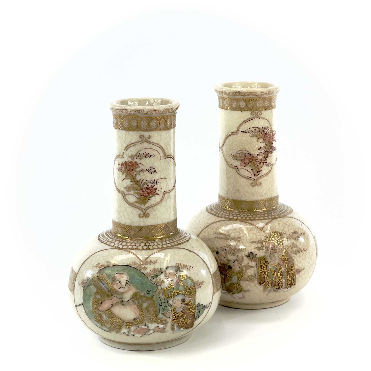 A pair of Japanese Satsuma crackle-glazed vases, 19th century, the shaped panels enclosing gilt - Image 2 of 8