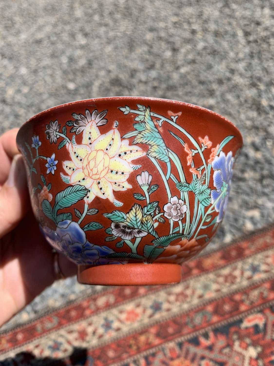 A Chinese famille rose porcelain bowl, 20th century, the coral ground decorated with foliage, height - Image 12 of 24