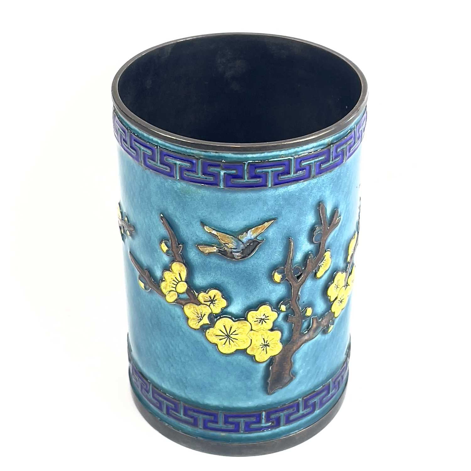 A Chinese silver and enamel brush pot, decorated in relief with a flowering tree and birds, height - Image 6 of 6