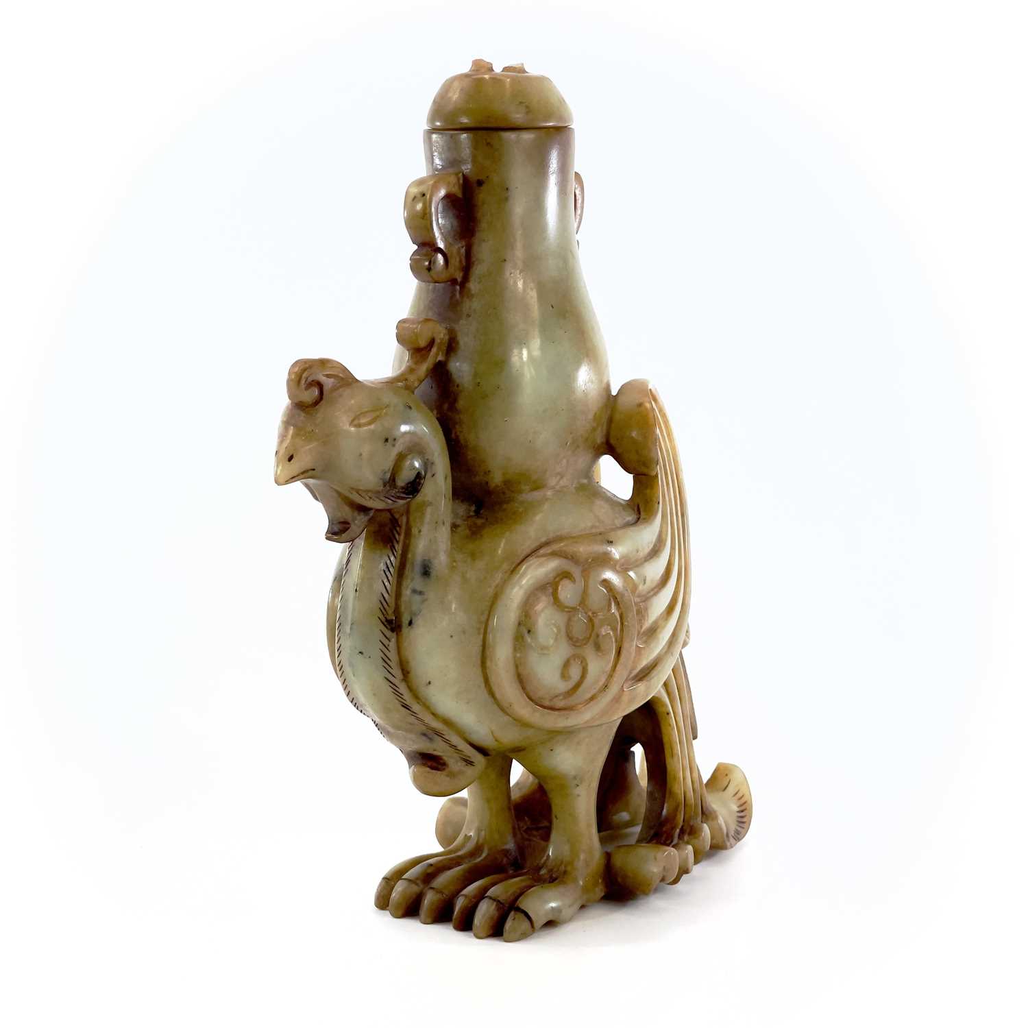 A Chinese jade carved model of a phoenix, 20th century, supporting an archaic vase, height 22cm, - Image 8 of 8
