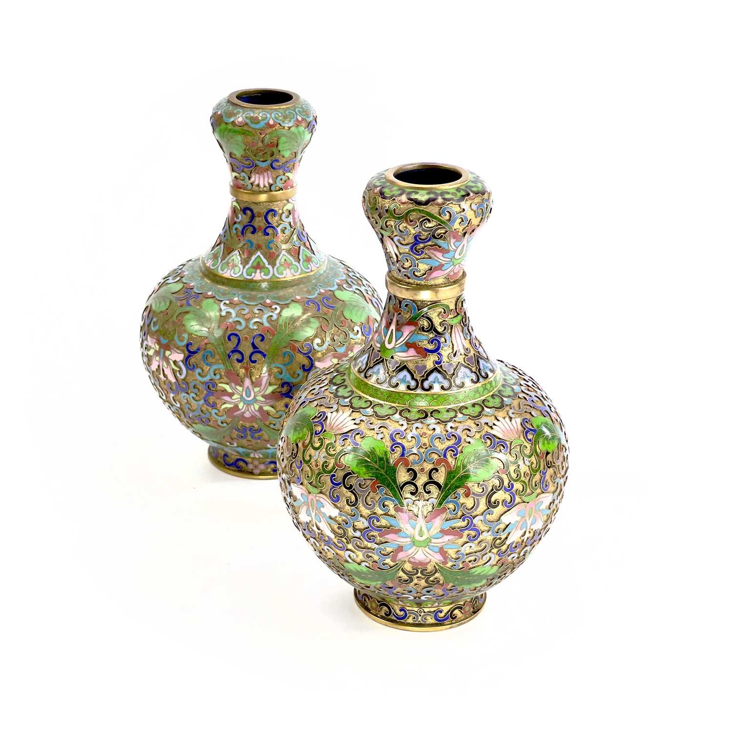 Two similar Chinese champleve gilt metal vases, circa 1900-1920, each with enamelled foliate - Image 6 of 12