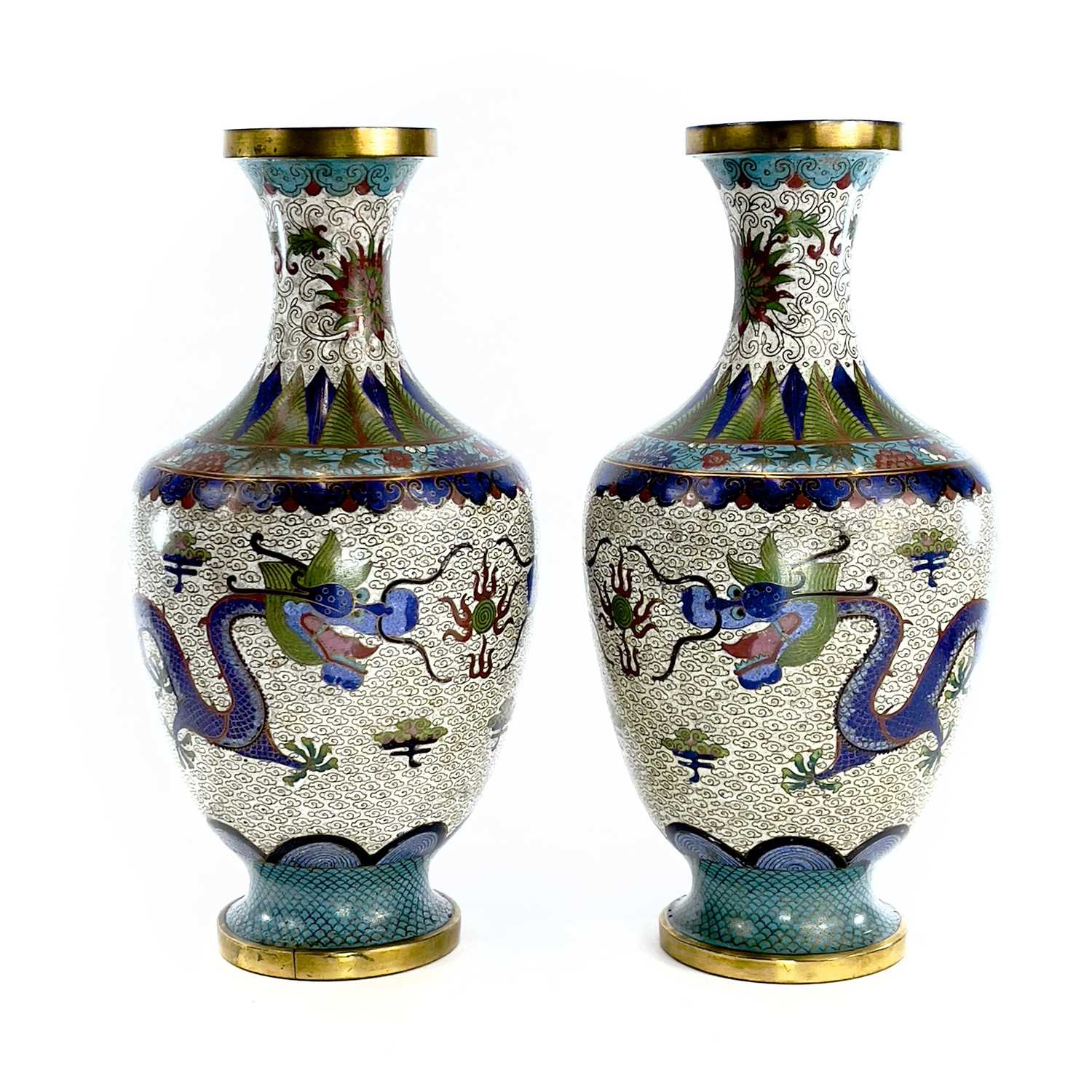 A pair of Chinese cloisonne vases, early 20th century, the white ground decorated with dragons - Image 3 of 11