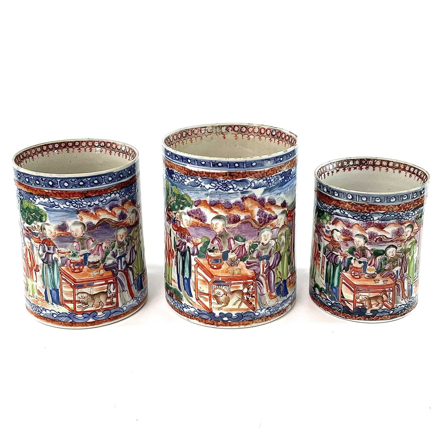 A set of three Chinese graduated porcelain mandarin palette mugs, 18th century, the cylindrical body - Image 6 of 15