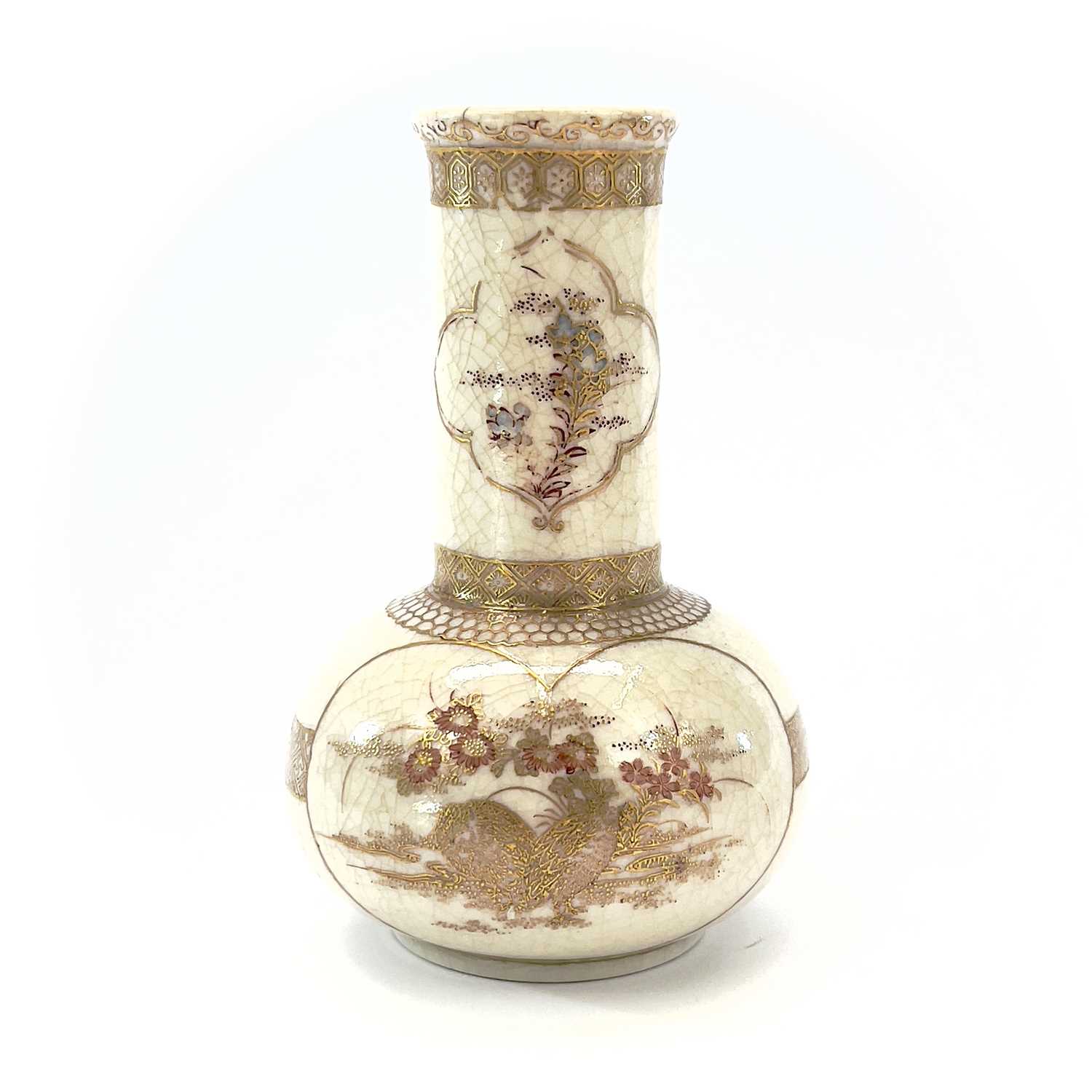 A pair of Japanese Satsuma crackle-glazed vases, 19th century, the shaped panels enclosing gilt - Image 6 of 8