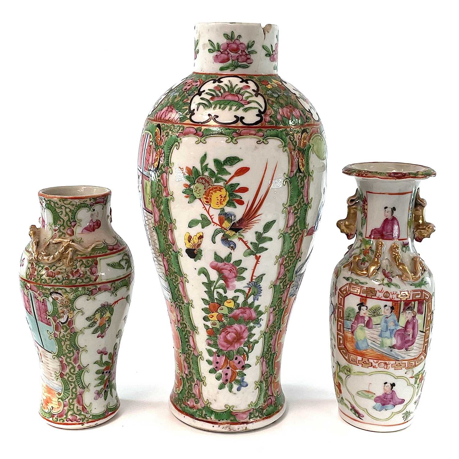 Three Chinese Canton porcelain vases, 19th century, heights 32cm, 21cm and 19.5cm. (3)The large vase - Image 6 of 8