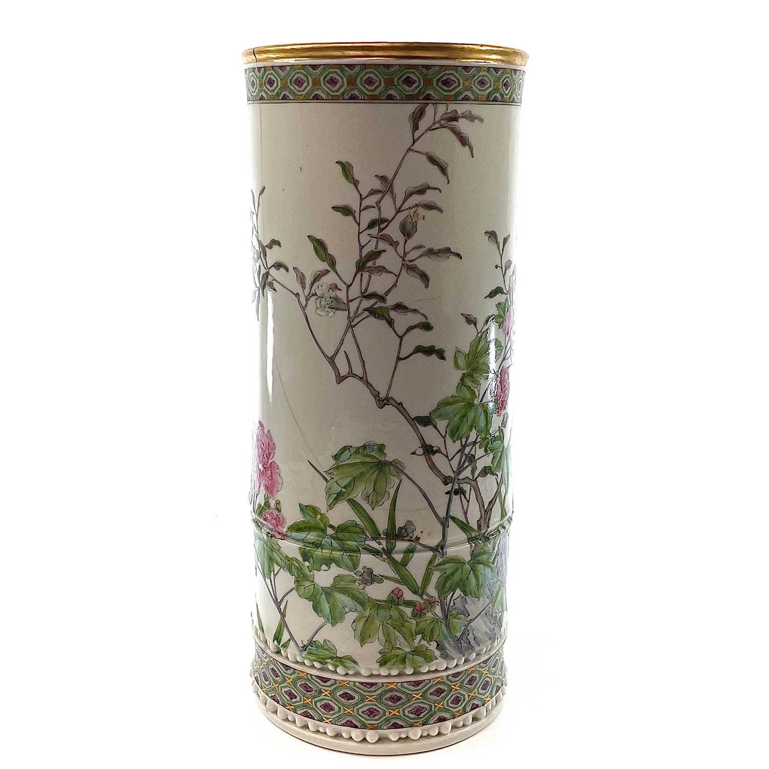 A large Chinese famille rose porcelain brush pot, 19th century, painted with a bird perched on a - Image 4 of 10