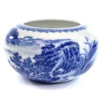 A Chinese blue and white porcelain brushwasher, 19th century, painted with a river scene, six