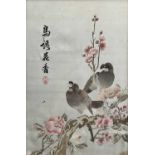 A Chinese silk embroidered picture of birds on a flowering branch, early-mid 20th century, with a