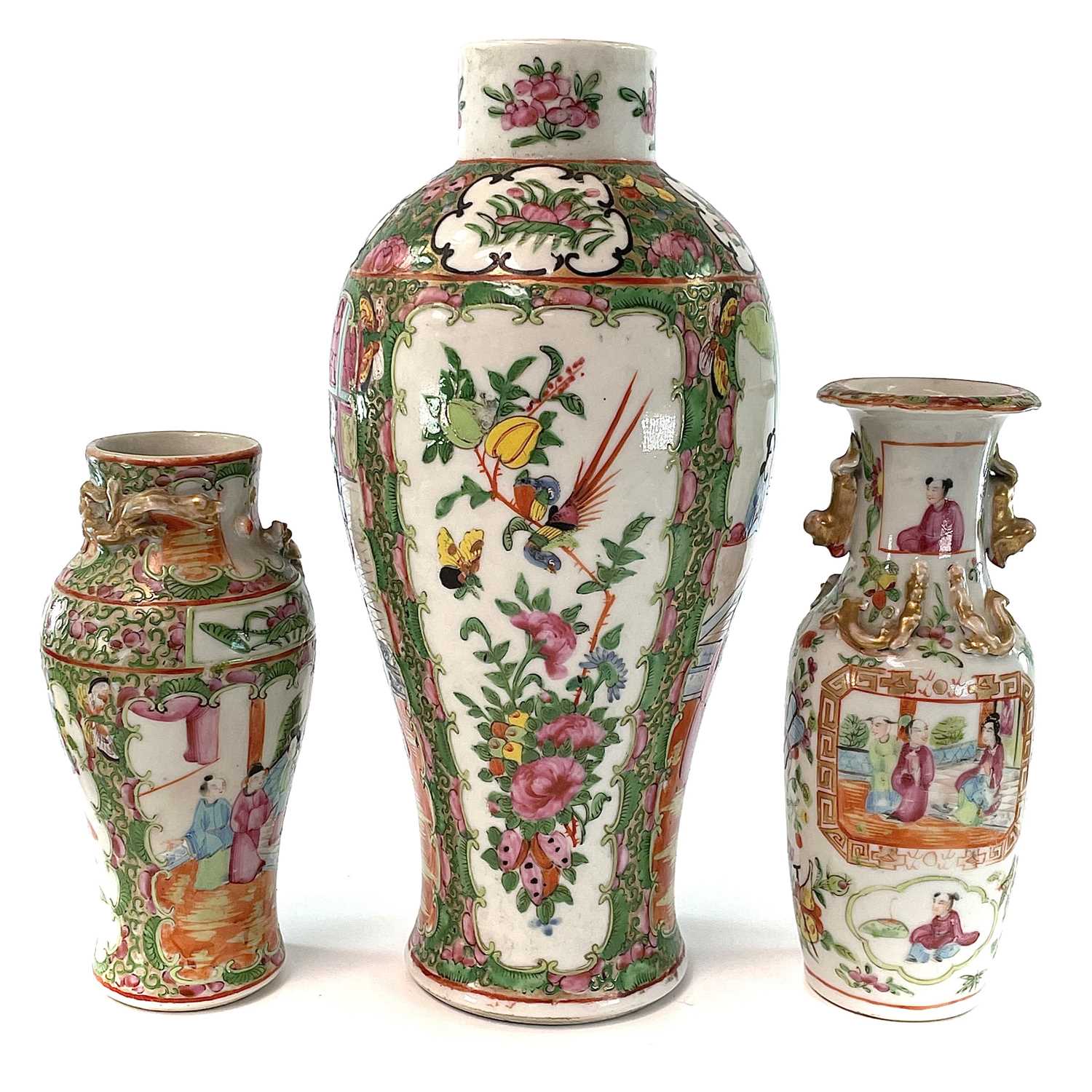 Three Chinese Canton porcelain vases, 19th century, heights 32cm, 21cm and 19.5cm. (3)The large vase - Image 3 of 8