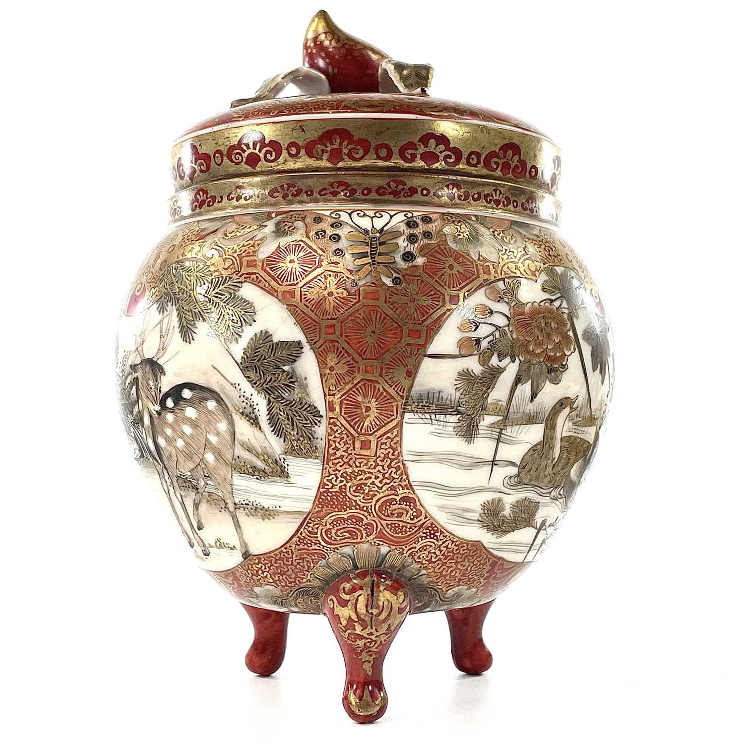 A Japanese kutani porcelain jar and cover, 19th century, signed, with three cartouches filled with - Image 2 of 10