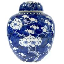 A Chinese blue and white porcelain prunus pattern ginger jar and cover, 19th century, height 21cm,
