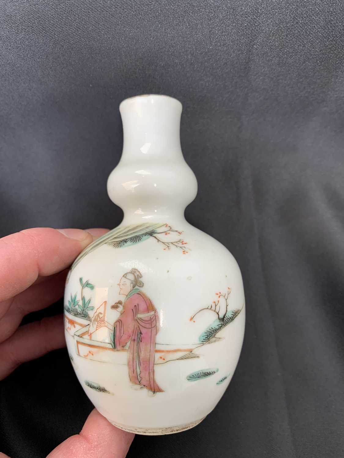 A Chinese famille rose porcelain double gourd vase, circa 1900, with three figures in a landscape, - Image 13 of 15