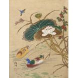 A Chinese watercolour depicting ducks and flowers, early 20th century, frame size 55 x 43.5cm.