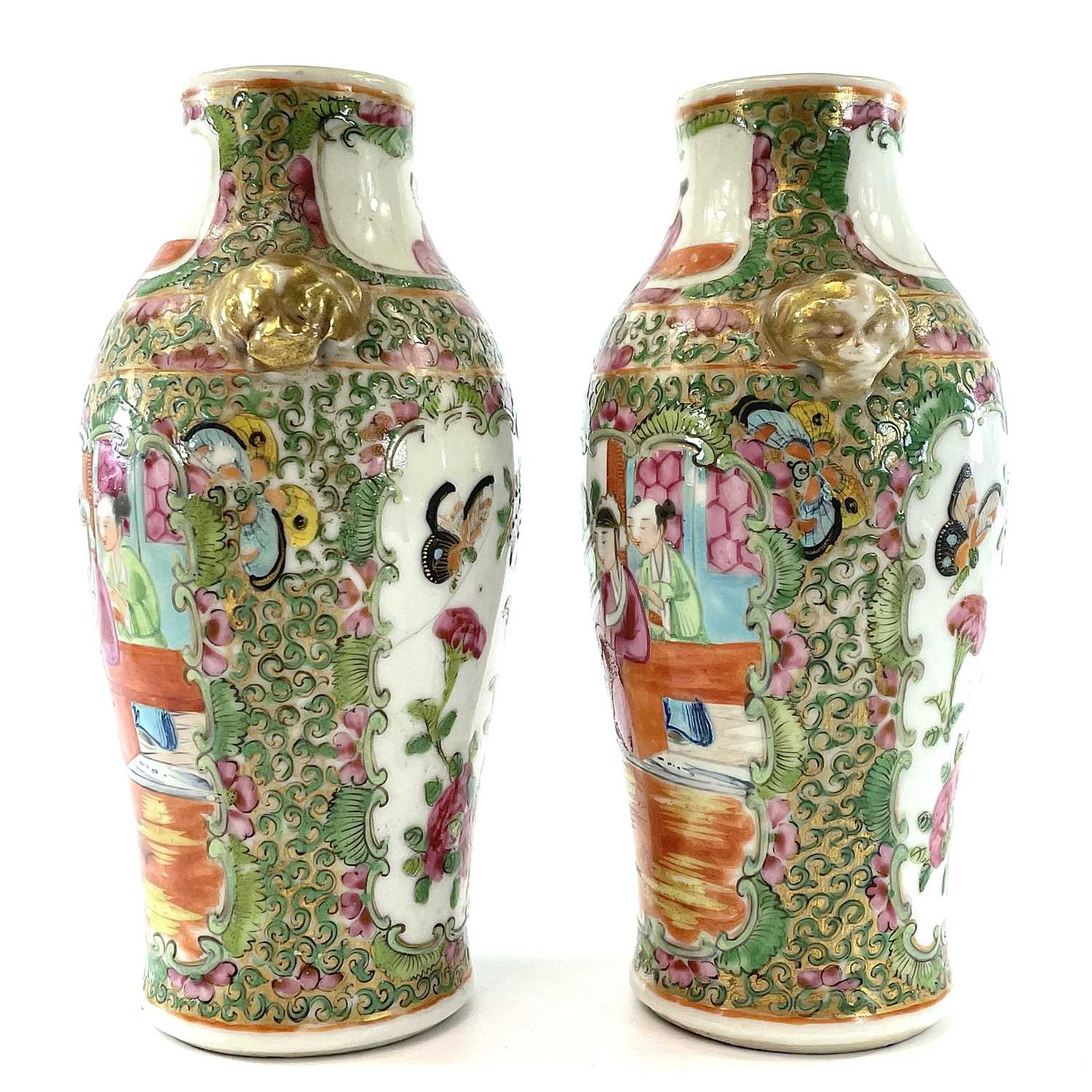 A pair of Chinese Canton porcelain vases, 19th century, each with a panel enclosing figures in an - Image 3 of 9