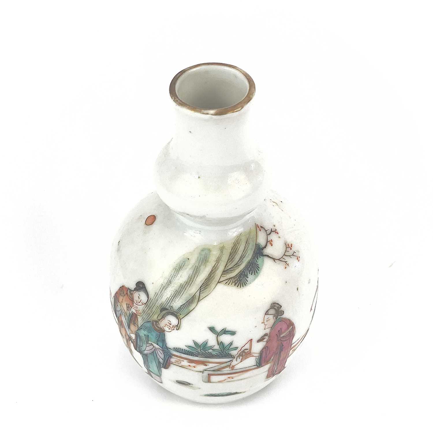 A Chinese famille rose porcelain double gourd vase, circa 1900, with three figures in a landscape, - Image 5 of 15