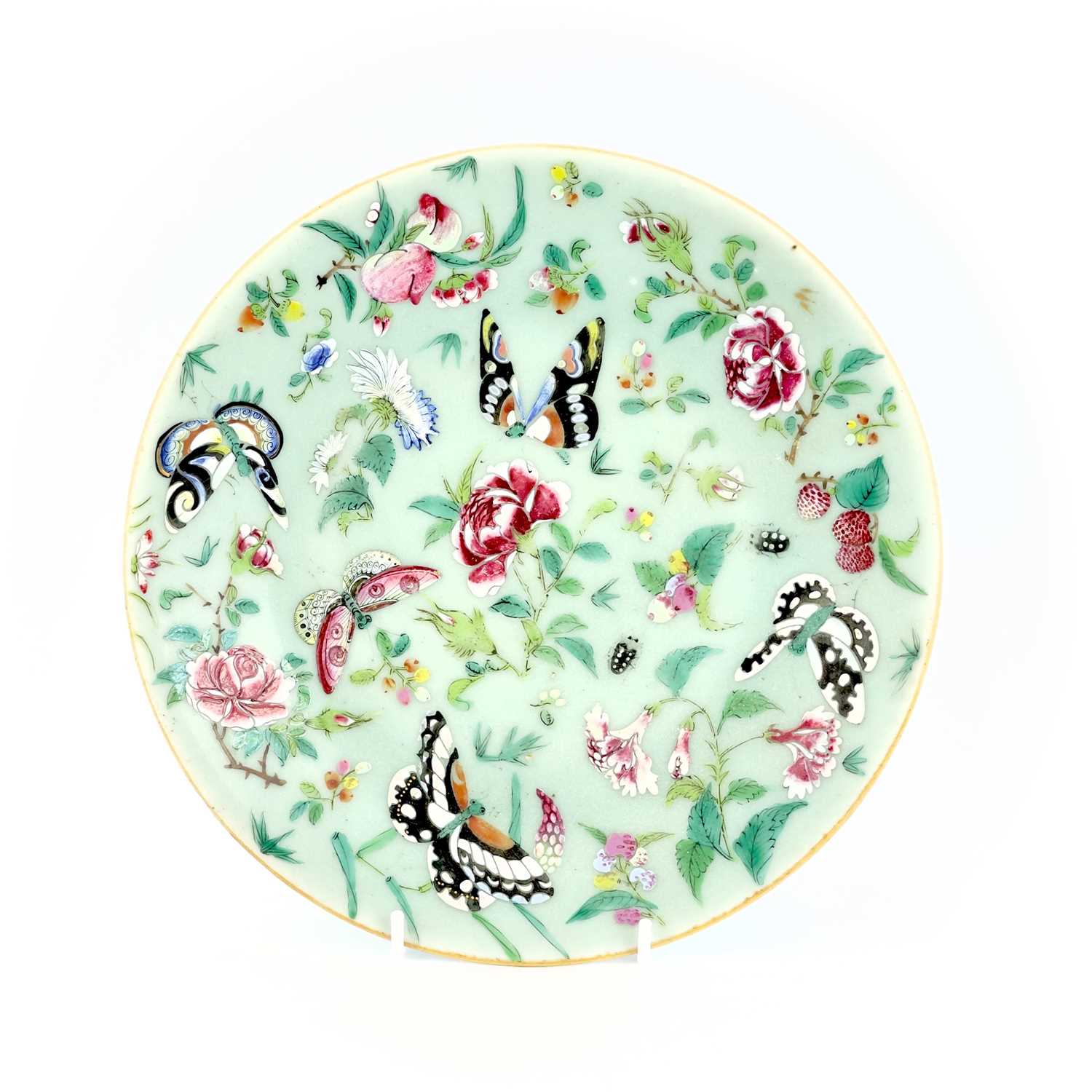 Two Chinese Canton celadon porcelain plates, 19th century, diameters 26.5cm and 25.5cm. (2)One has a - Image 7 of 10