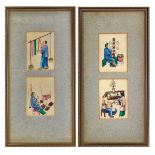 A set of four Chinese watercolour paintings on pith paper, each depicts figures engaged in aspects