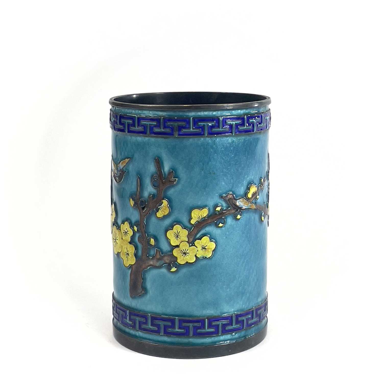 A Chinese silver and enamel brush pot, decorated in relief with a flowering tree and birds, height - Image 3 of 6