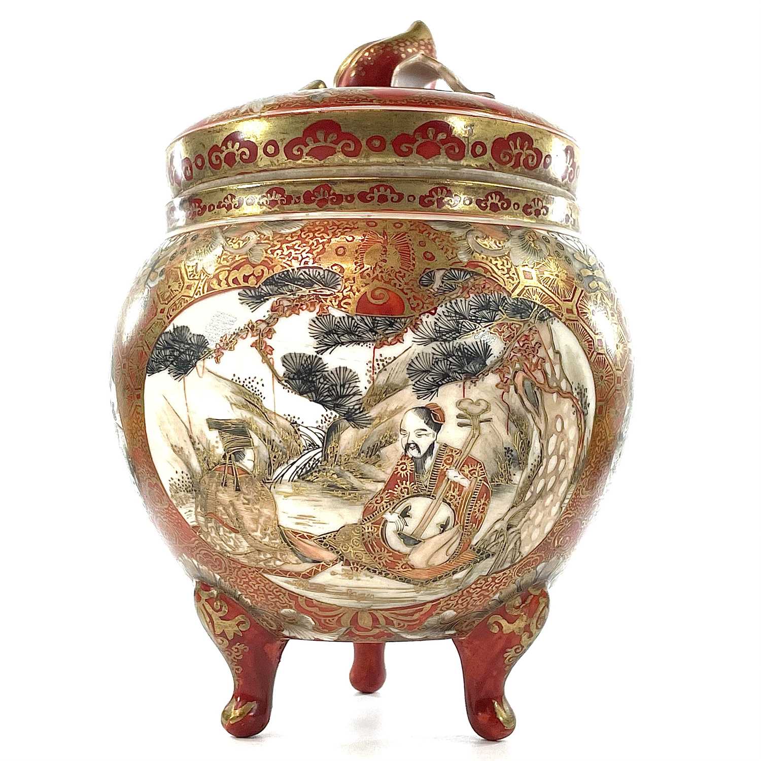 A Japanese kutani porcelain jar and cover, 19th century, signed, with three cartouches filled with - Image 5 of 10