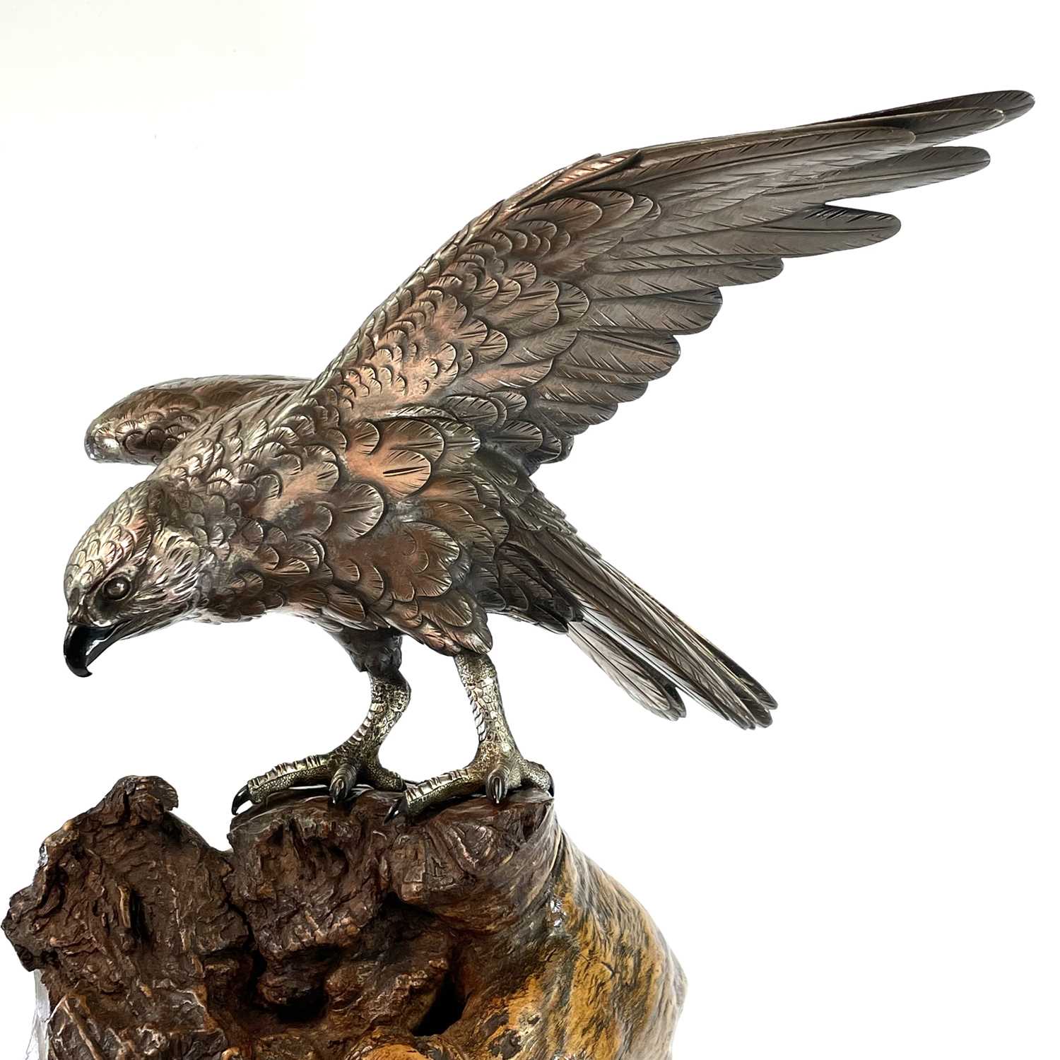 A Japanese silvered bronze Okimono of a hawk by Seiya Genryusai, Meiji Period (1868-1912), perched - Image 9 of 10