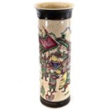 A Chinese crackle glaze famille verte cylindrical vase, circa 1900, decorated with a carnival
