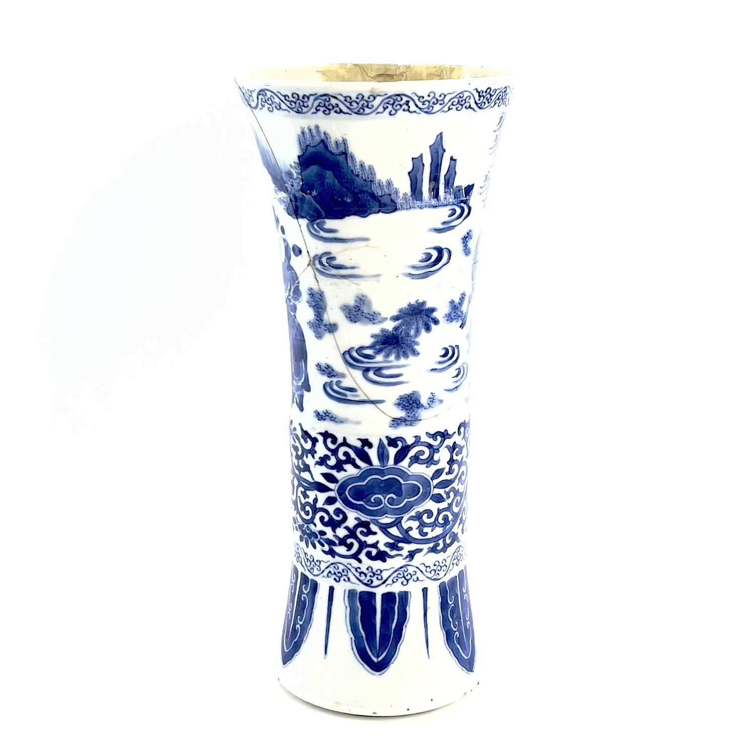 A Chinese blue and white beaker vase, Gu, Transitional, 17th century, painted with figures in a - Image 2 of 23