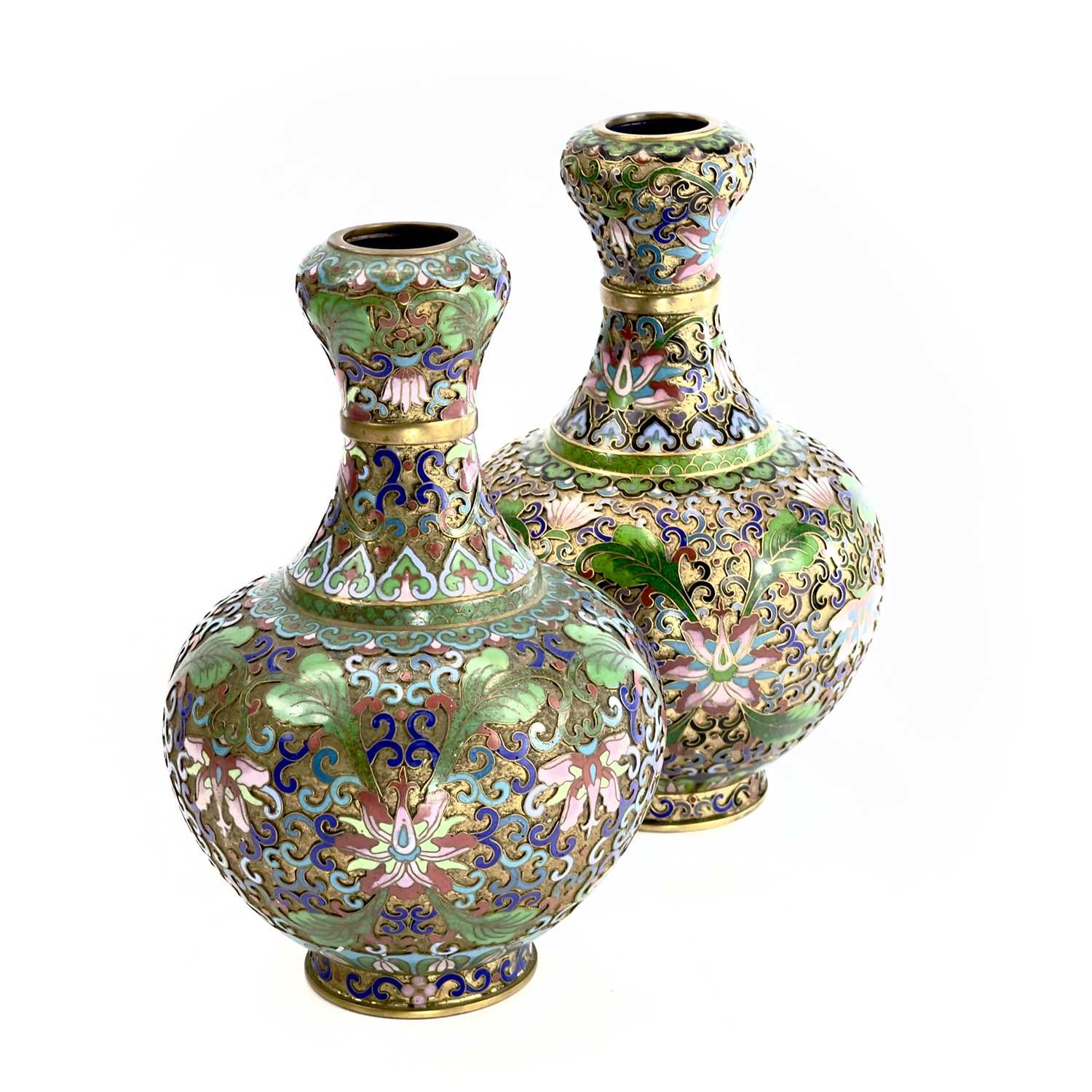 Two similar Chinese champleve gilt metal vases, circa 1900-1920, each with enamelled foliate - Image 8 of 12