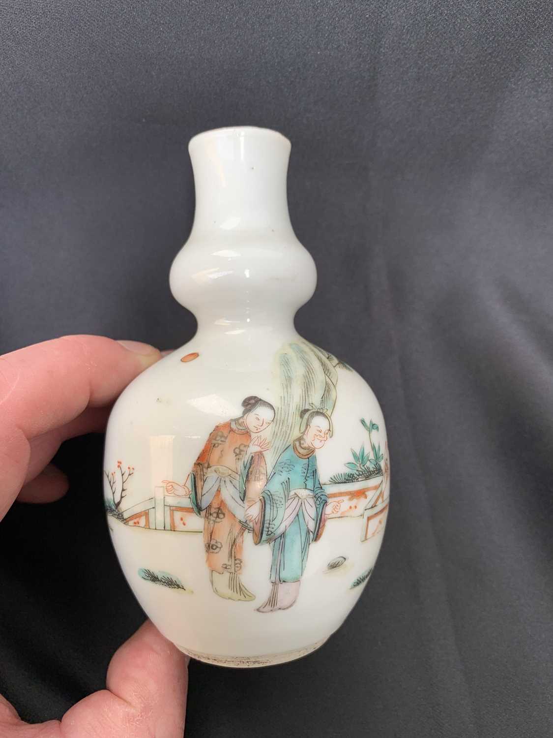 A Chinese famille rose porcelain double gourd vase, circa 1900, with three figures in a landscape, - Image 15 of 15