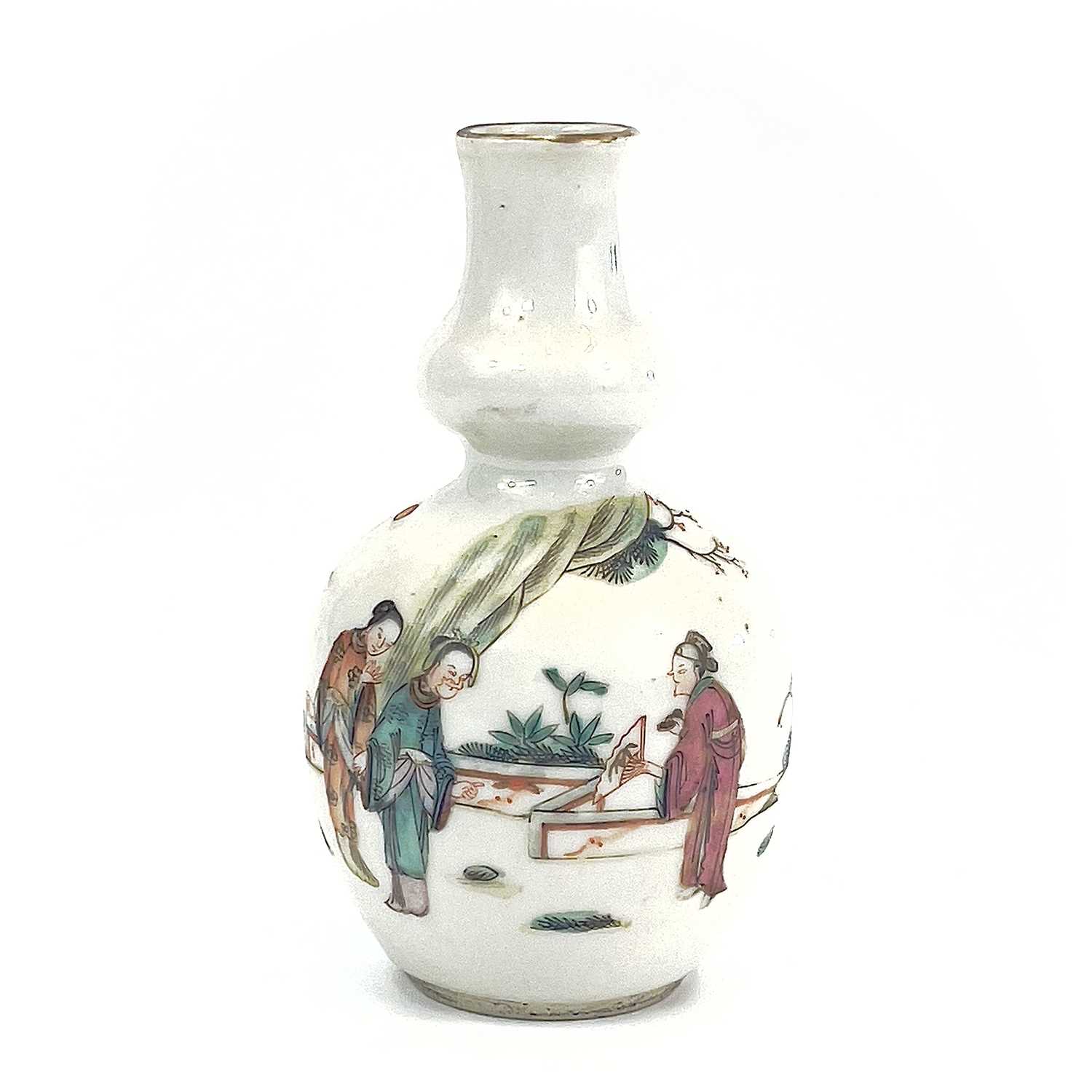 A Chinese famille rose porcelain double gourd vase, circa 1900, with three figures in a landscape, - Image 2 of 15