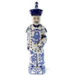 A Chinese blue and white porcelain figure of an Emperor, 20th century, with a bisque porcelain