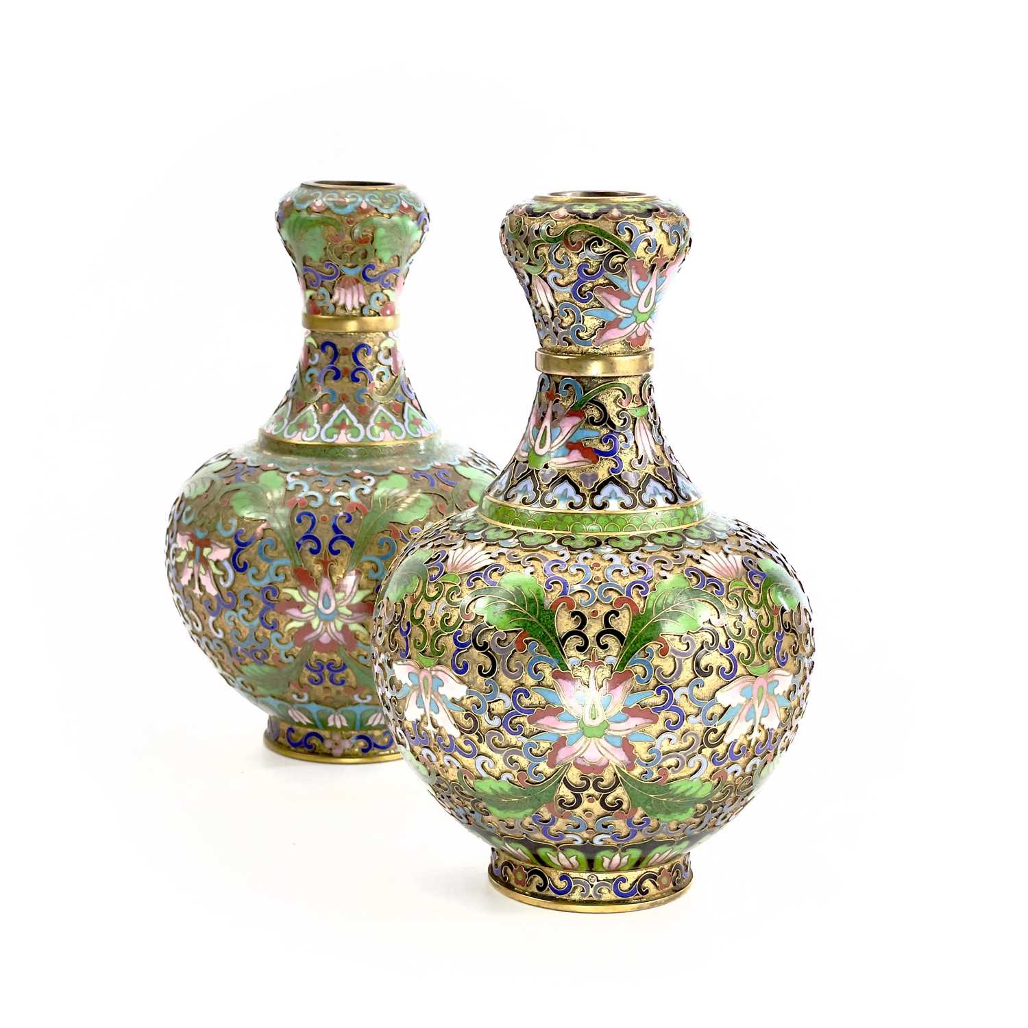 Two similar Chinese champleve gilt metal vases, circa 1900-1920, each with enamelled foliate - Image 10 of 12