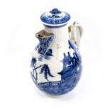 A Chinese export blue and white porcelain coffee pot and cover, 18th century, with gilt decorated