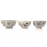 Three Chinese famille rose porcelain bowls, 19th century, height 5.8cm, diameter 12.2cm. (3)some