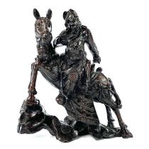 A Chinese carved wood figure of a warrior on horseback, 19th century, with silver wire inlay, height