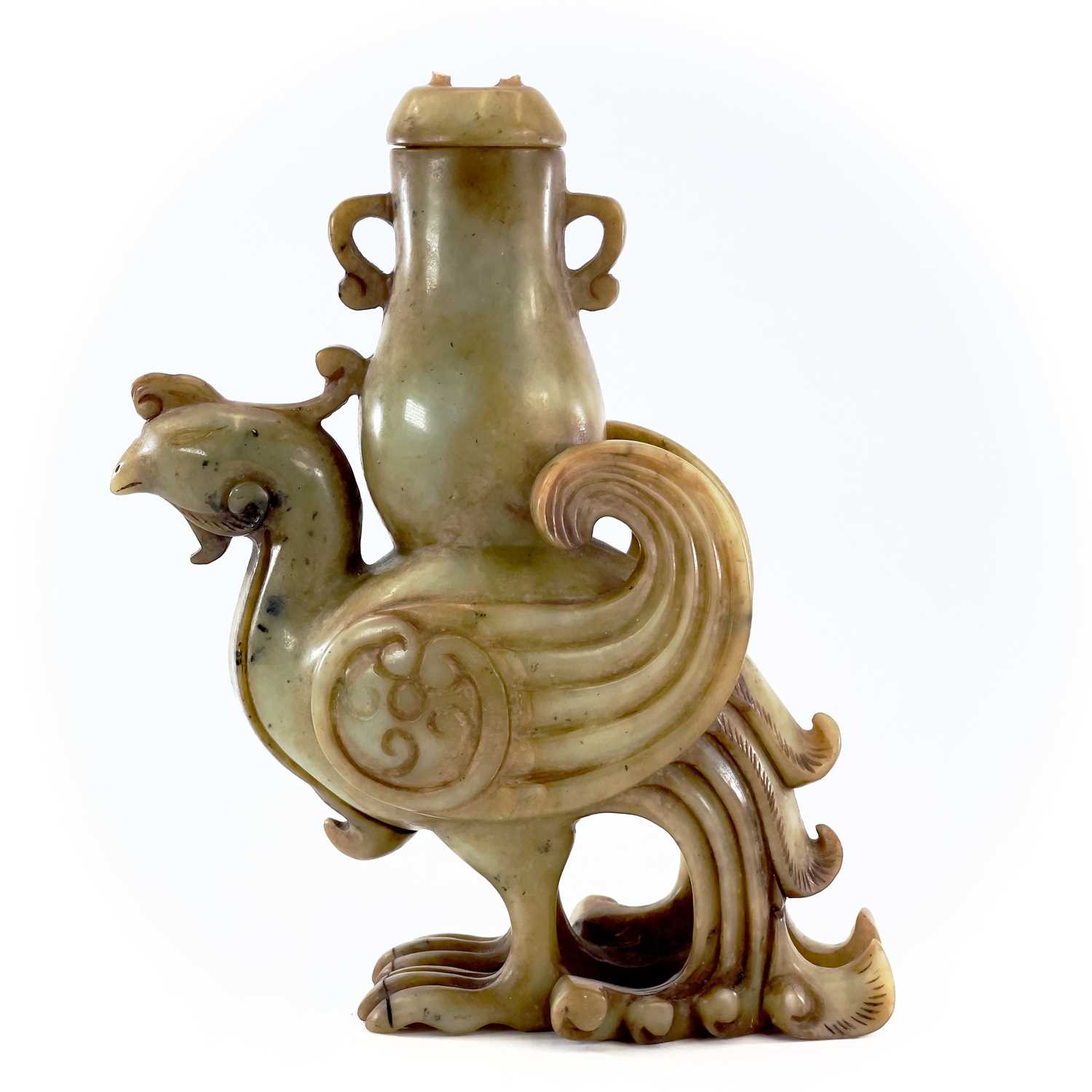 A Chinese jade carved model of a phoenix, 20th century, supporting an archaic vase, height 22cm, - Image 2 of 8