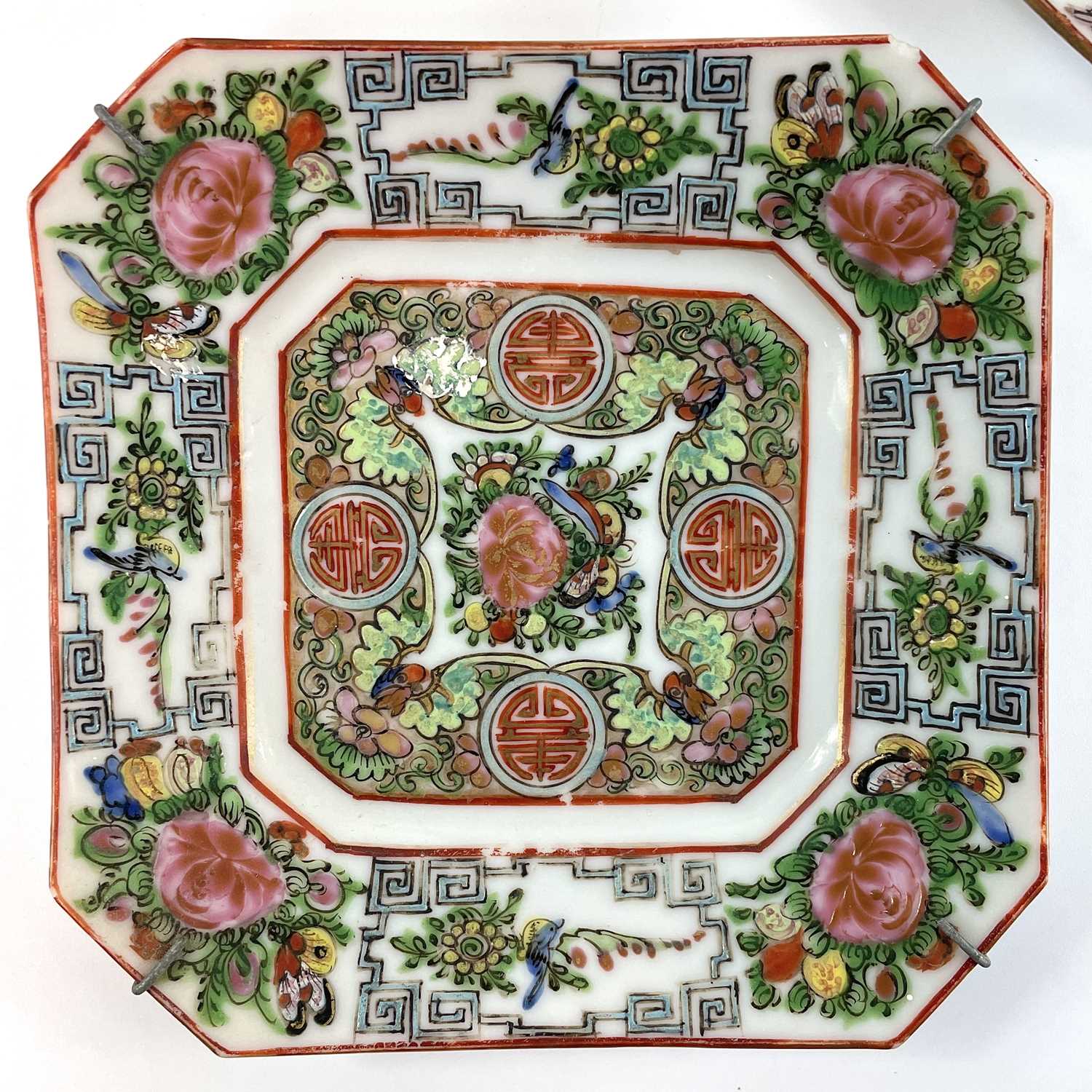 A set of four Chinese Canton porcelain octagonal plates, 20th century, 13.3cm square, each - Image 2 of 3