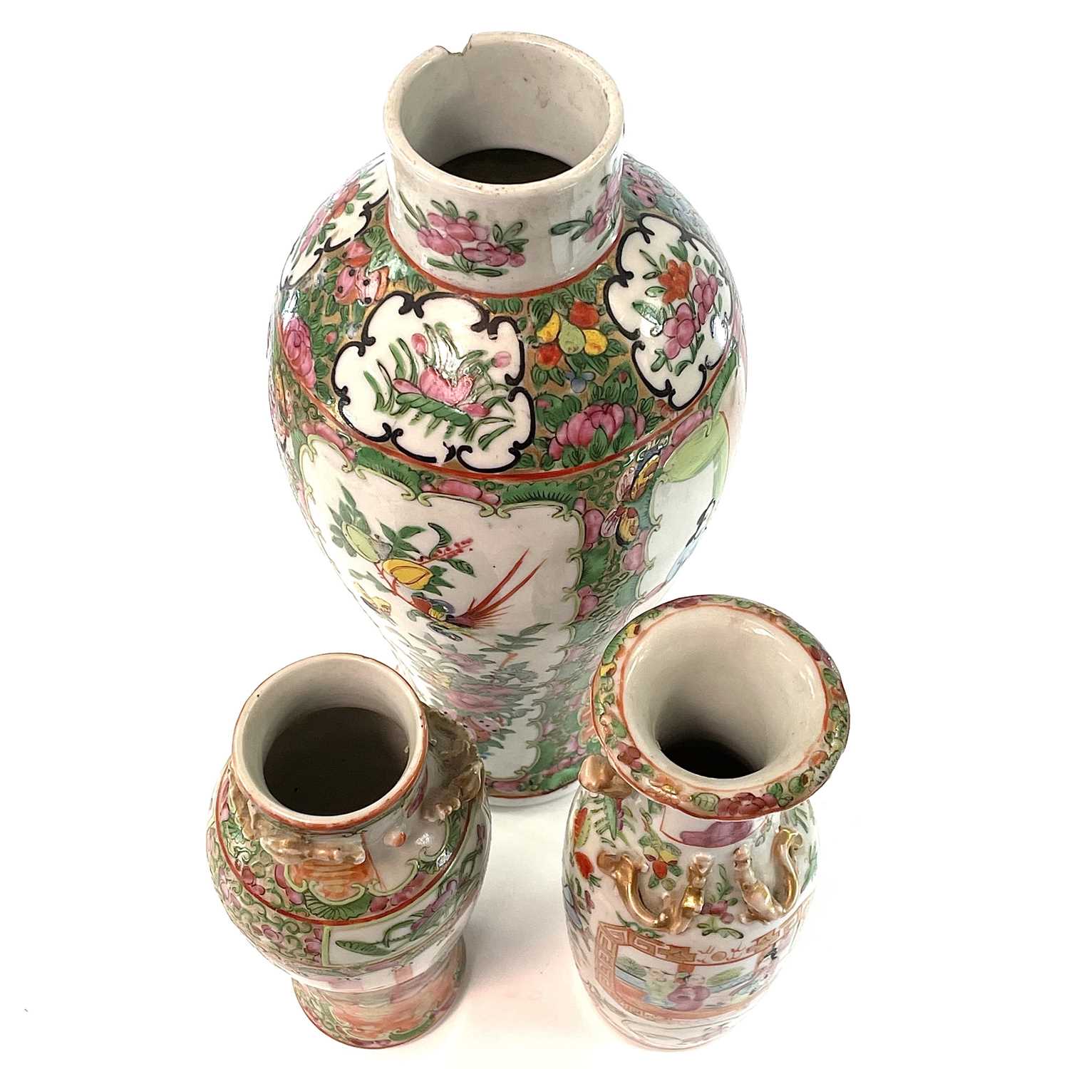 Three Chinese Canton porcelain vases, 19th century, heights 32cm, 21cm and 19.5cm. (3)The large vase - Image 4 of 8