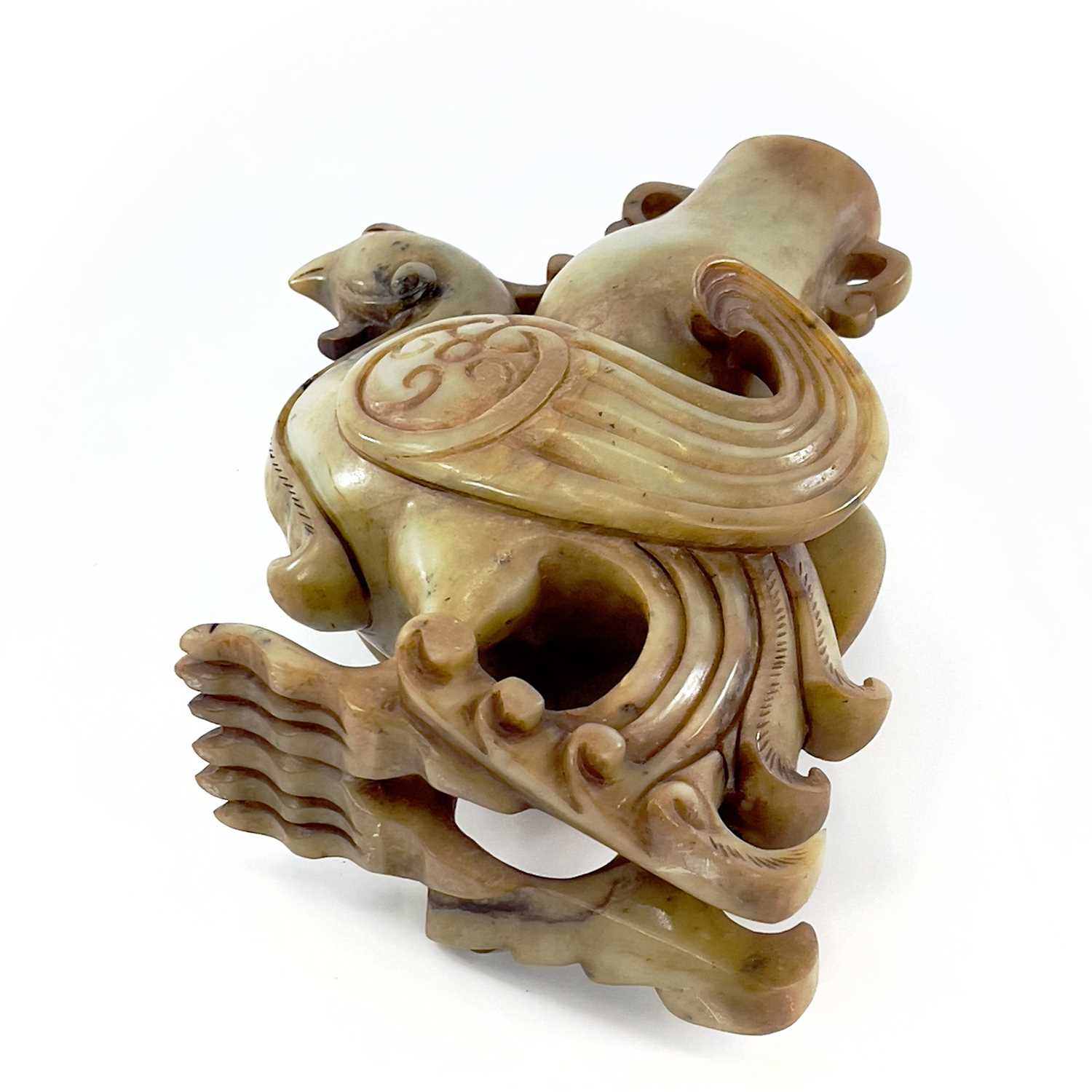A Chinese jade carved model of a phoenix, 20th century, supporting an archaic vase, height 22cm, - Image 7 of 8
