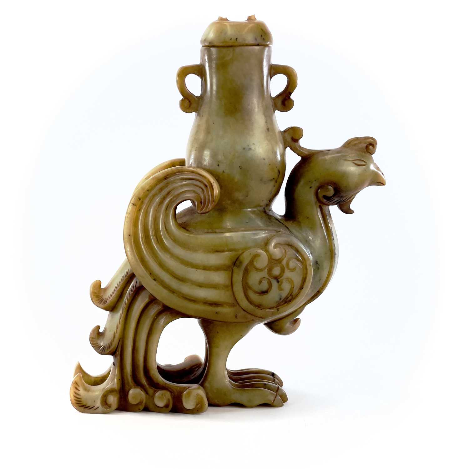 A Chinese jade carved model of a phoenix, 20th century, supporting an archaic vase, height 22cm, - Image 3 of 8