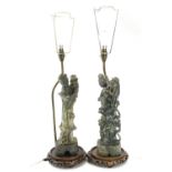A pair of Chinese green hardstone figures of Guanyin mounted as table lamps, early 20th century,