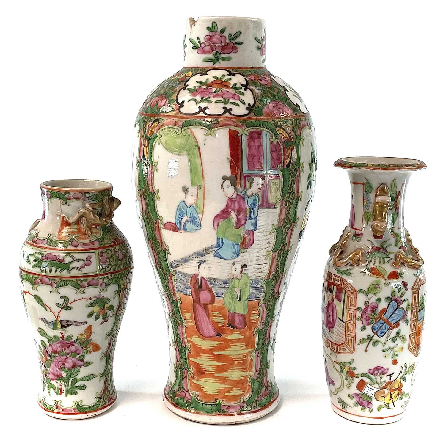 Three Chinese Canton porcelain vases, 19th century, heights 32cm, 21cm and 19.5cm. (3)The large vase - Image 2 of 8