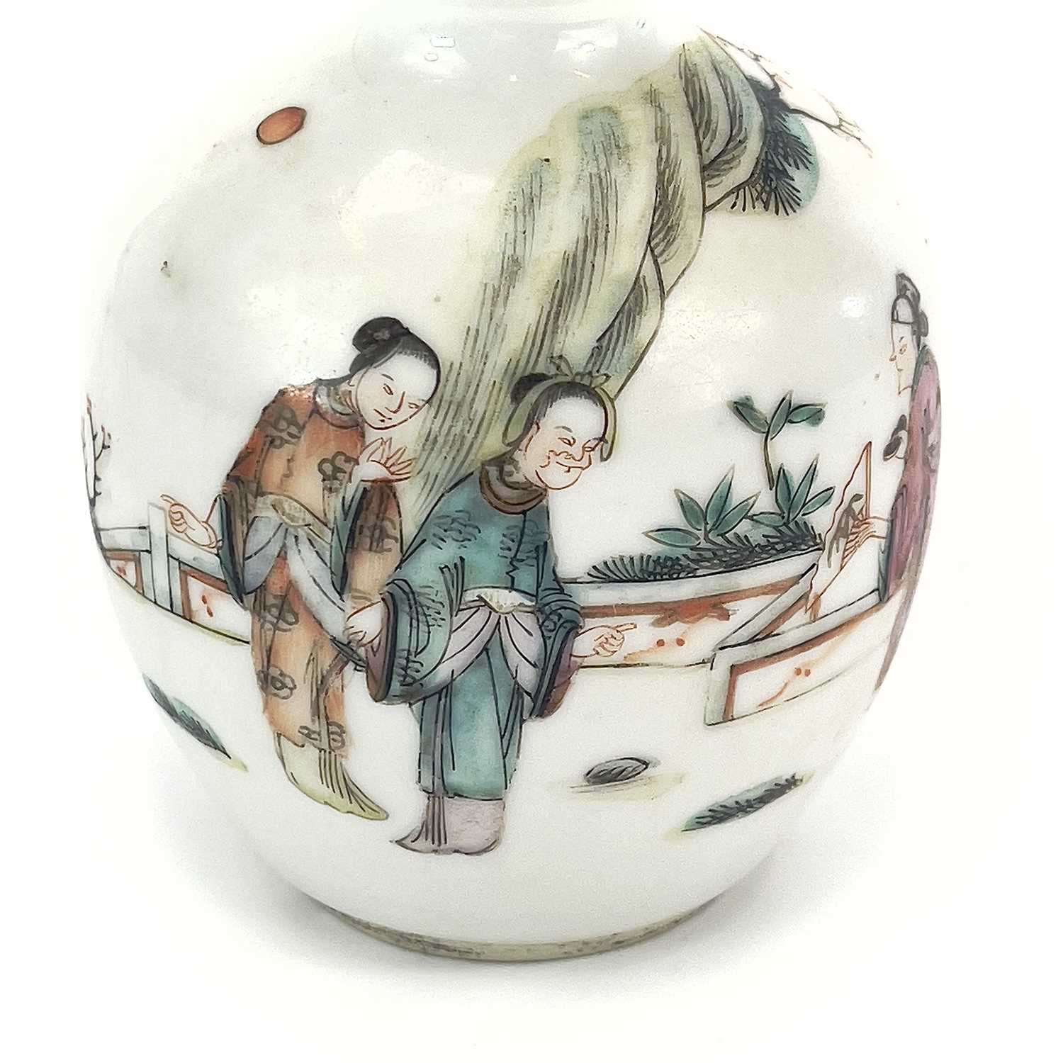 A Chinese famille rose porcelain double gourd vase, circa 1900, with three figures in a landscape, - Image 4 of 15