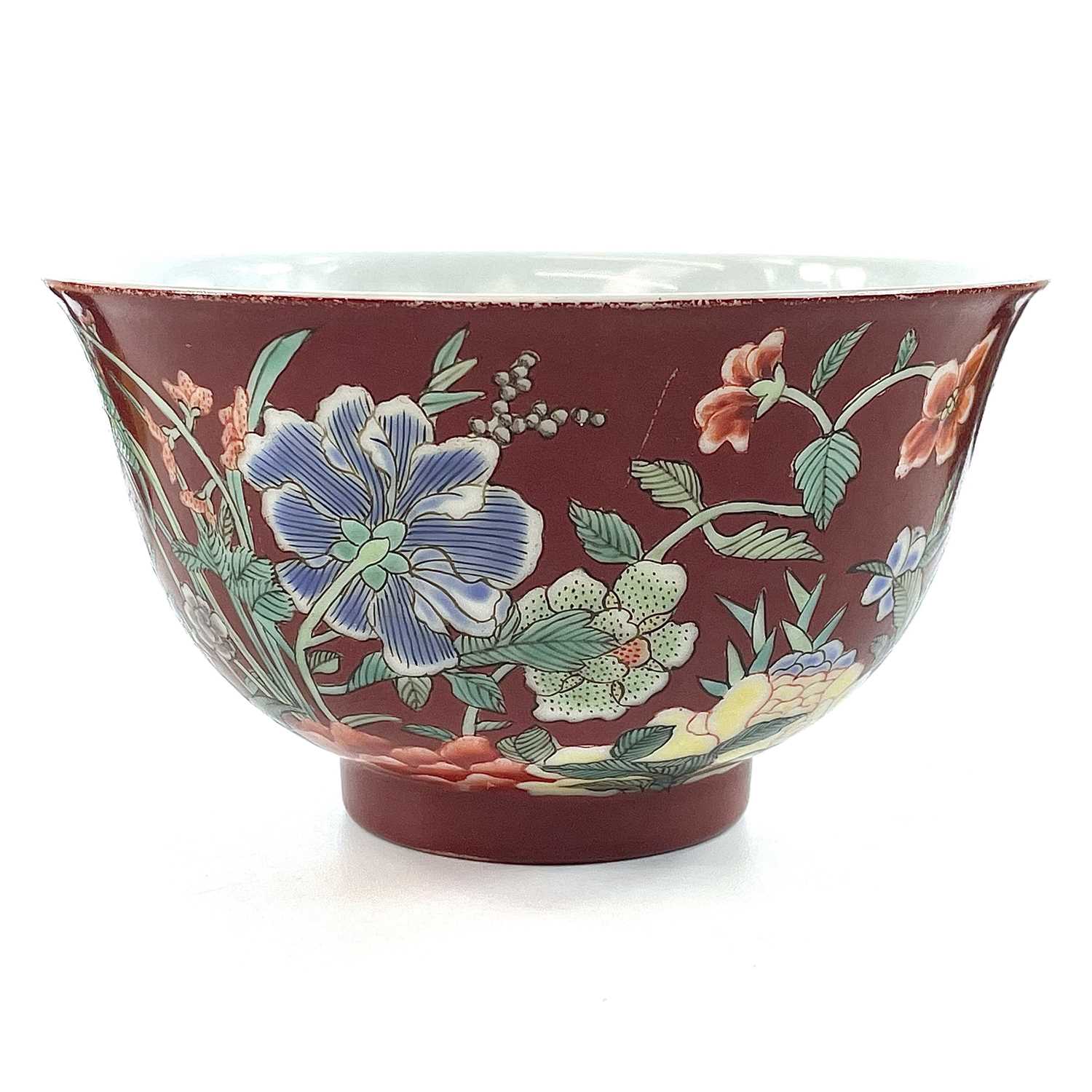 A Chinese famille rose porcelain bowl, 20th century, the coral ground decorated with foliage, height - Image 15 of 24