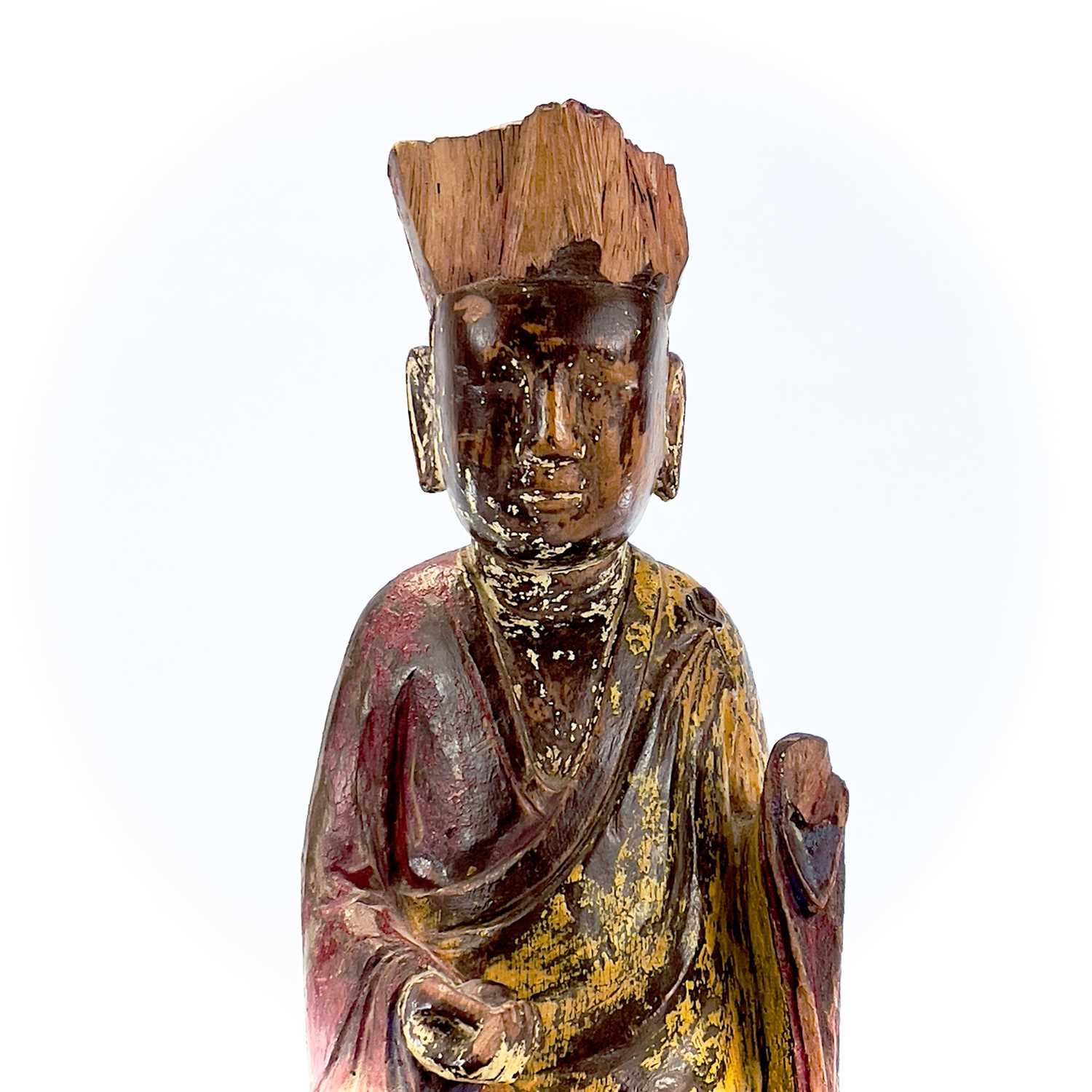 A Chinese carved and painted figure, 19th century, seated in robes wearing a high crown and riding a - Image 4 of 11
