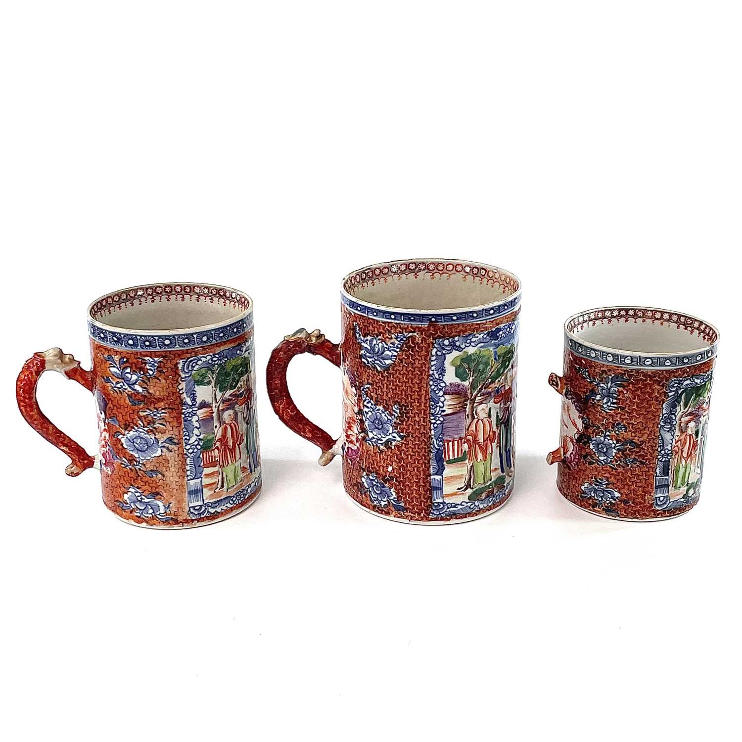 A set of three Chinese graduated porcelain mandarin palette mugs, 18th century, the cylindrical body - Image 7 of 15