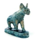 An Egyptian glazed faience pottery model of a cat, possibly ancient , height 8.5cm, length 9cm,